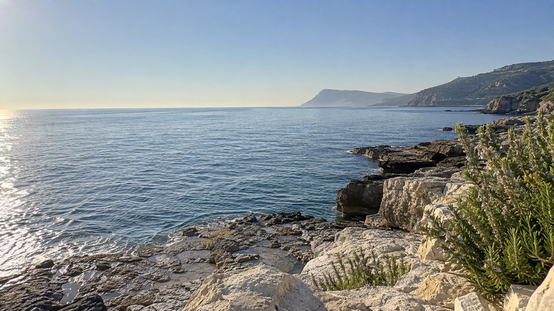 Il mare del mattino tra scogli chiari e rosmarino