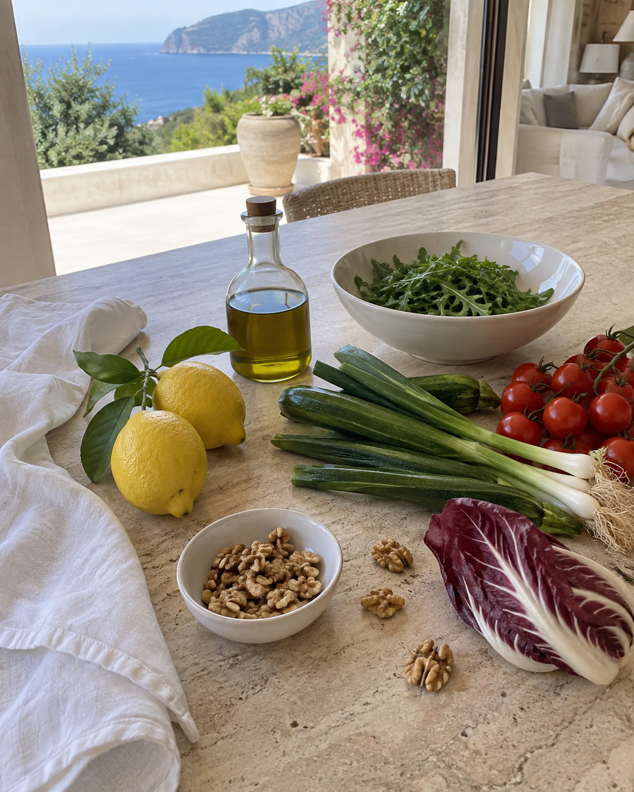 Una tavola mediterranea: olio, limoni, verdure e noci