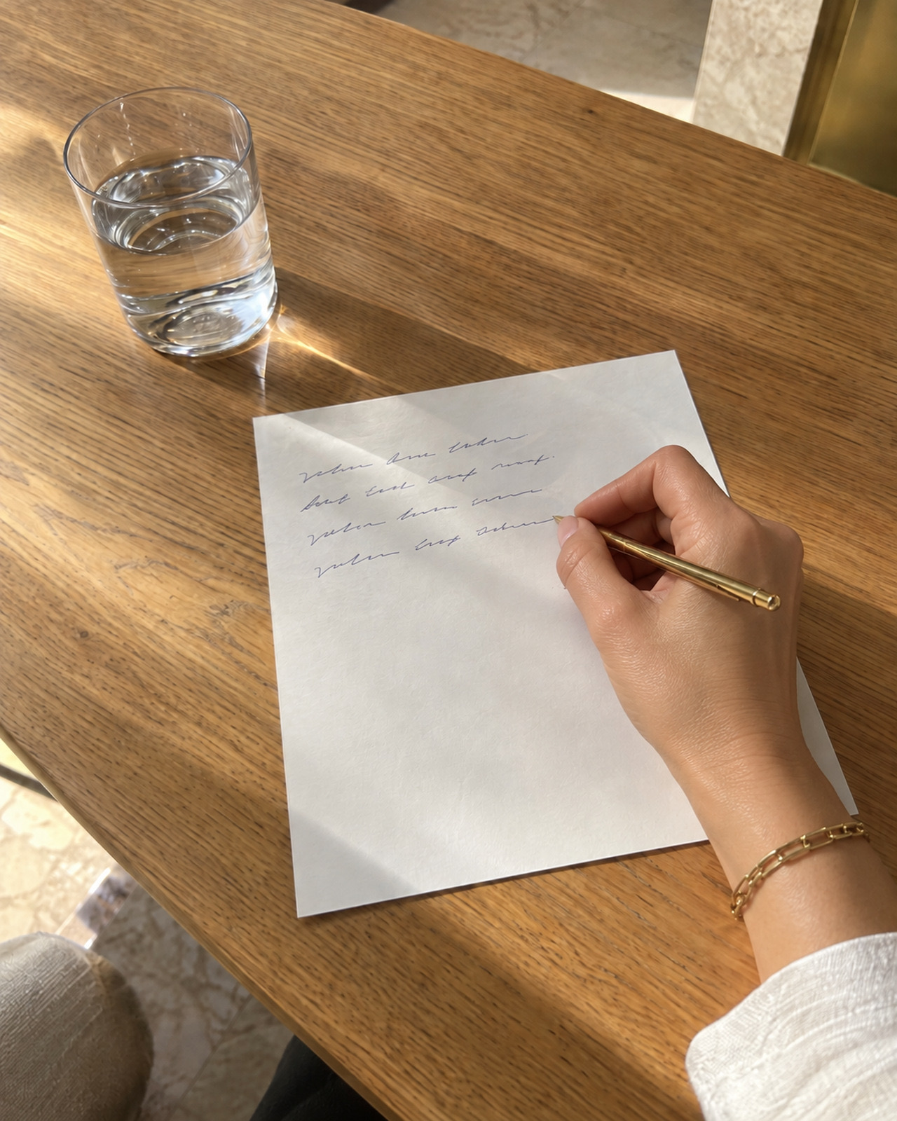 Una mano che scrive a mano un protocollo su un foglio bianco, con una penna dorata