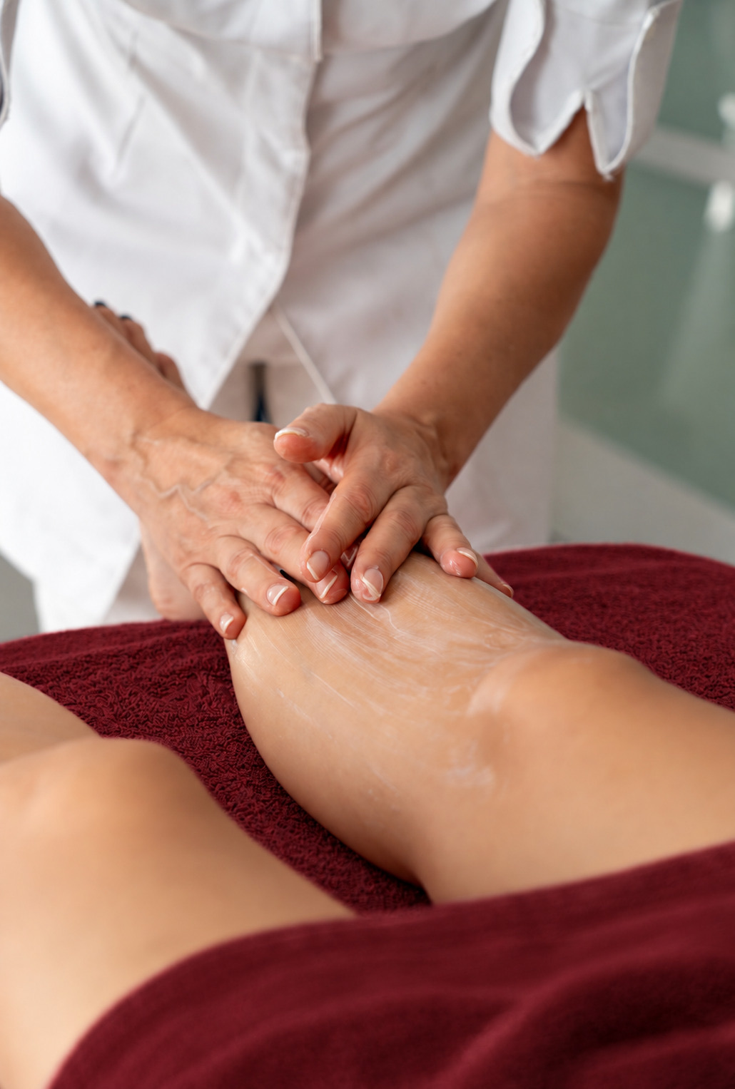 Mani che stendono una crema sulla gamba